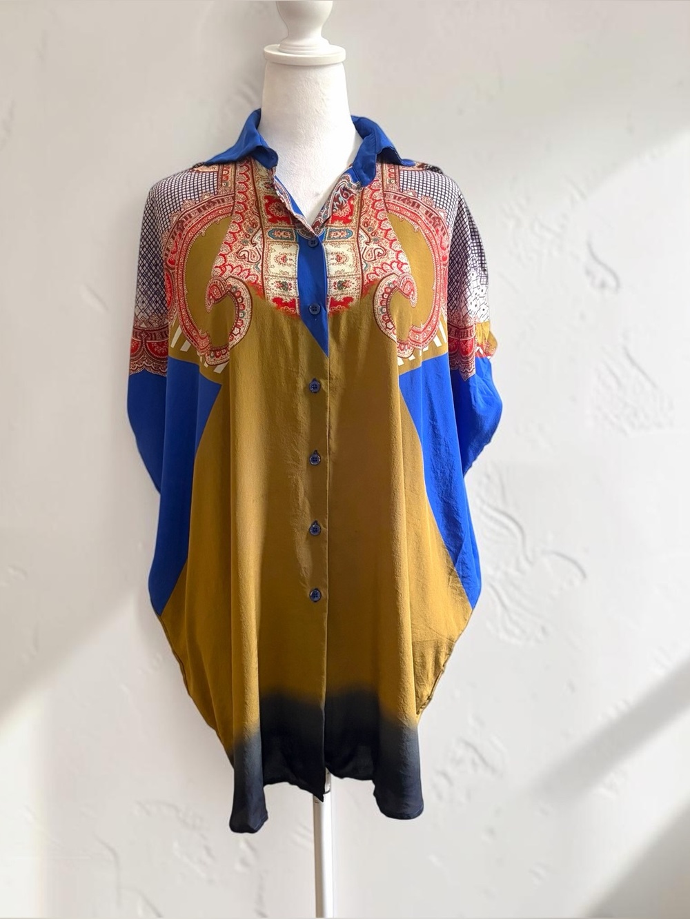 Etro Silk Paisley Cape Blouse Top IT 40 US 4 Oversized Blue Ochre Made Italy